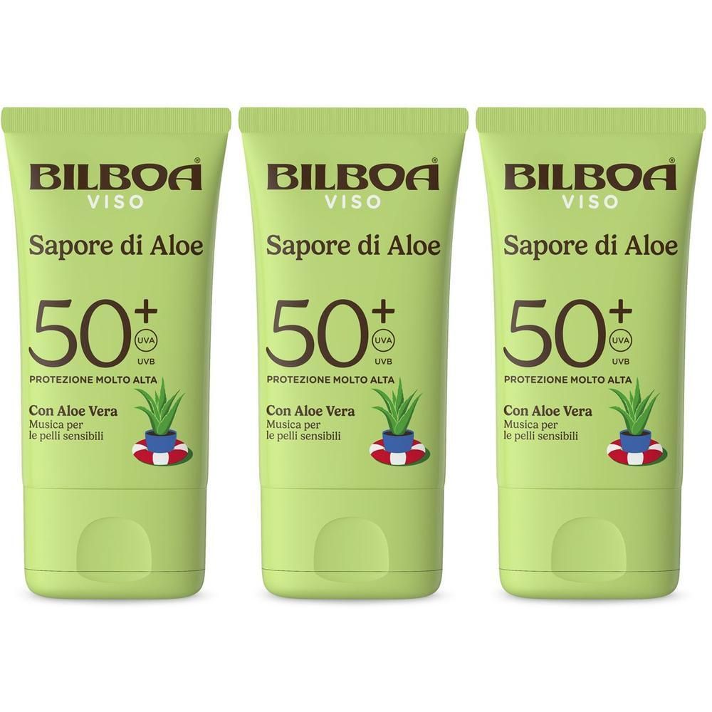 Tre tubetti di crema solare viso Bilboa Sapore di Aloe SPF 50+ con aloe vera.