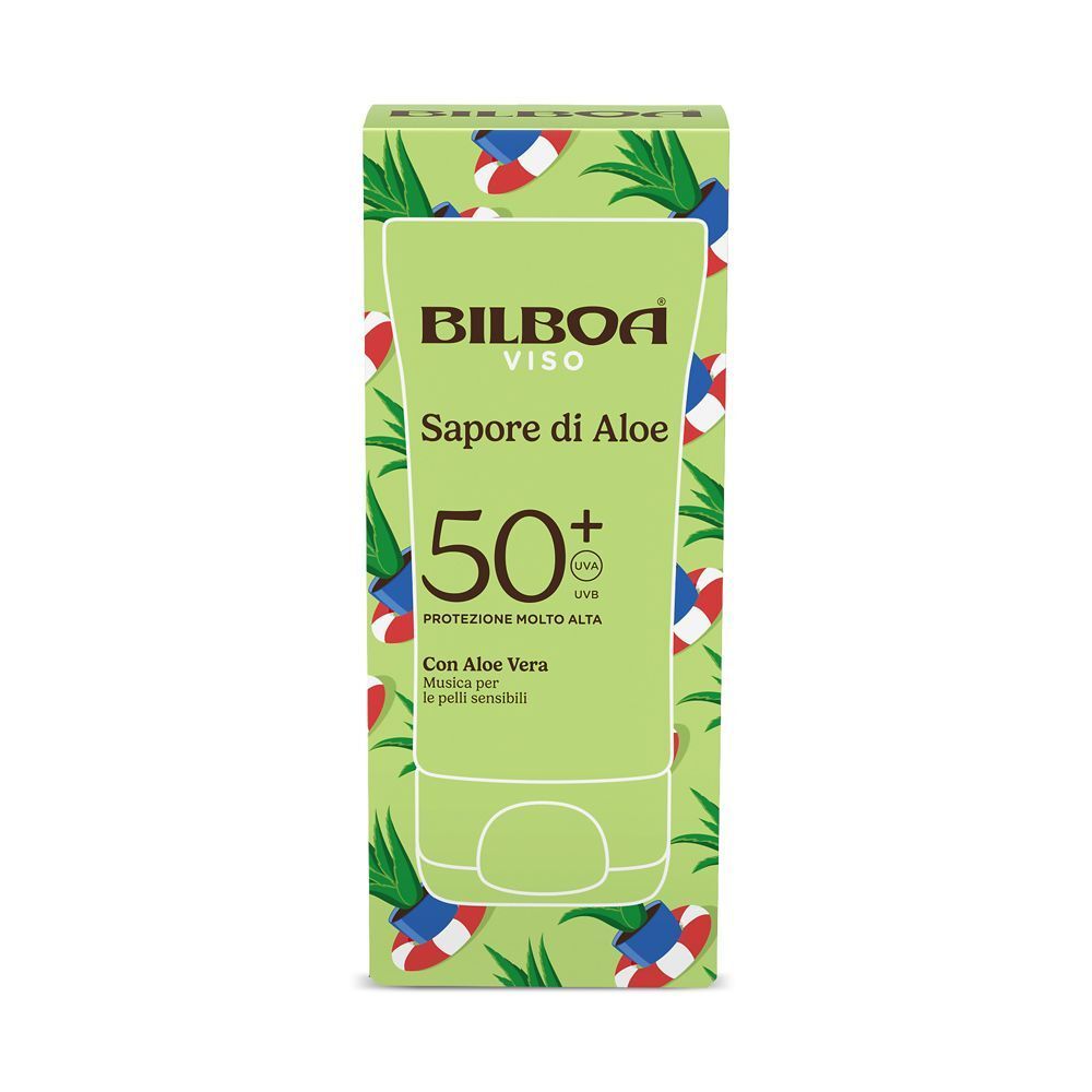 Confezione della crema solare viso Bilboa Sapore di Aloe SPF 50+ con aloe vera.