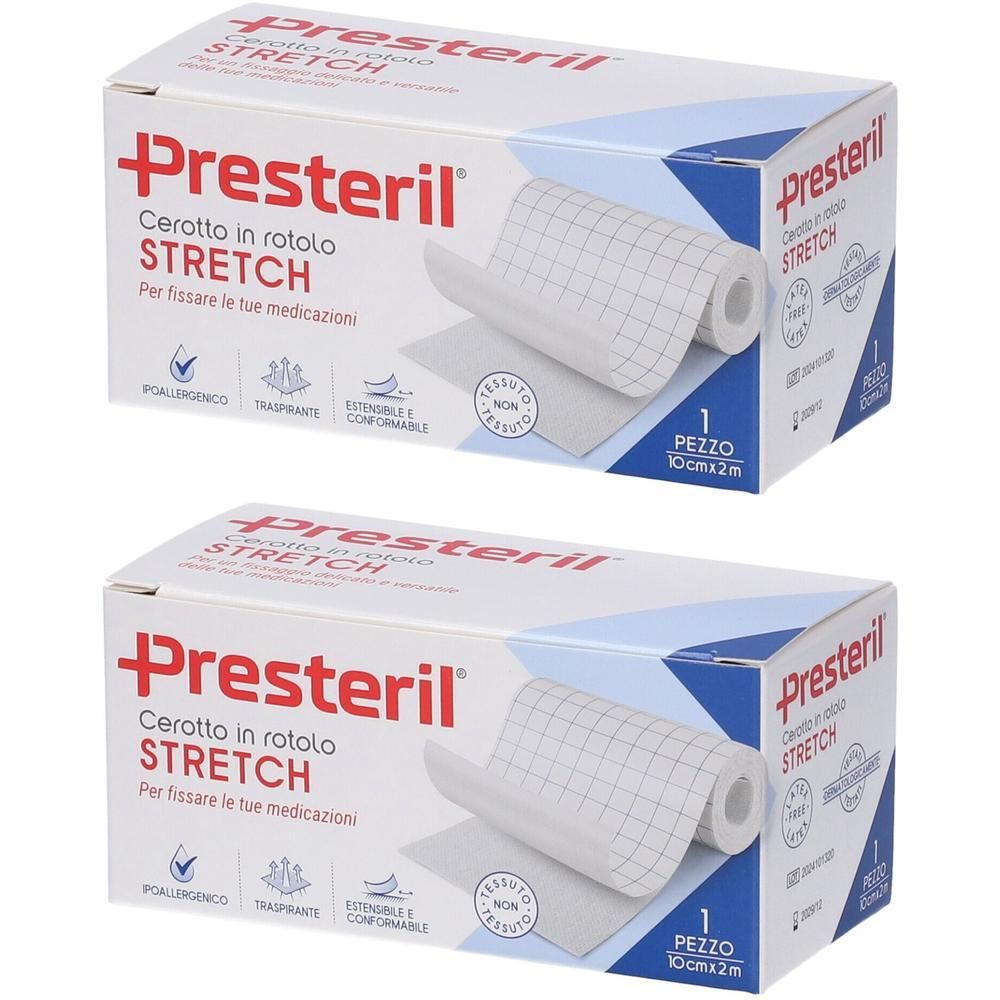 Due confezioni di rotolo di cerotto Presteril Stretch, 10cm x 2m. Ipoallergenico, trasparente, estensibile.