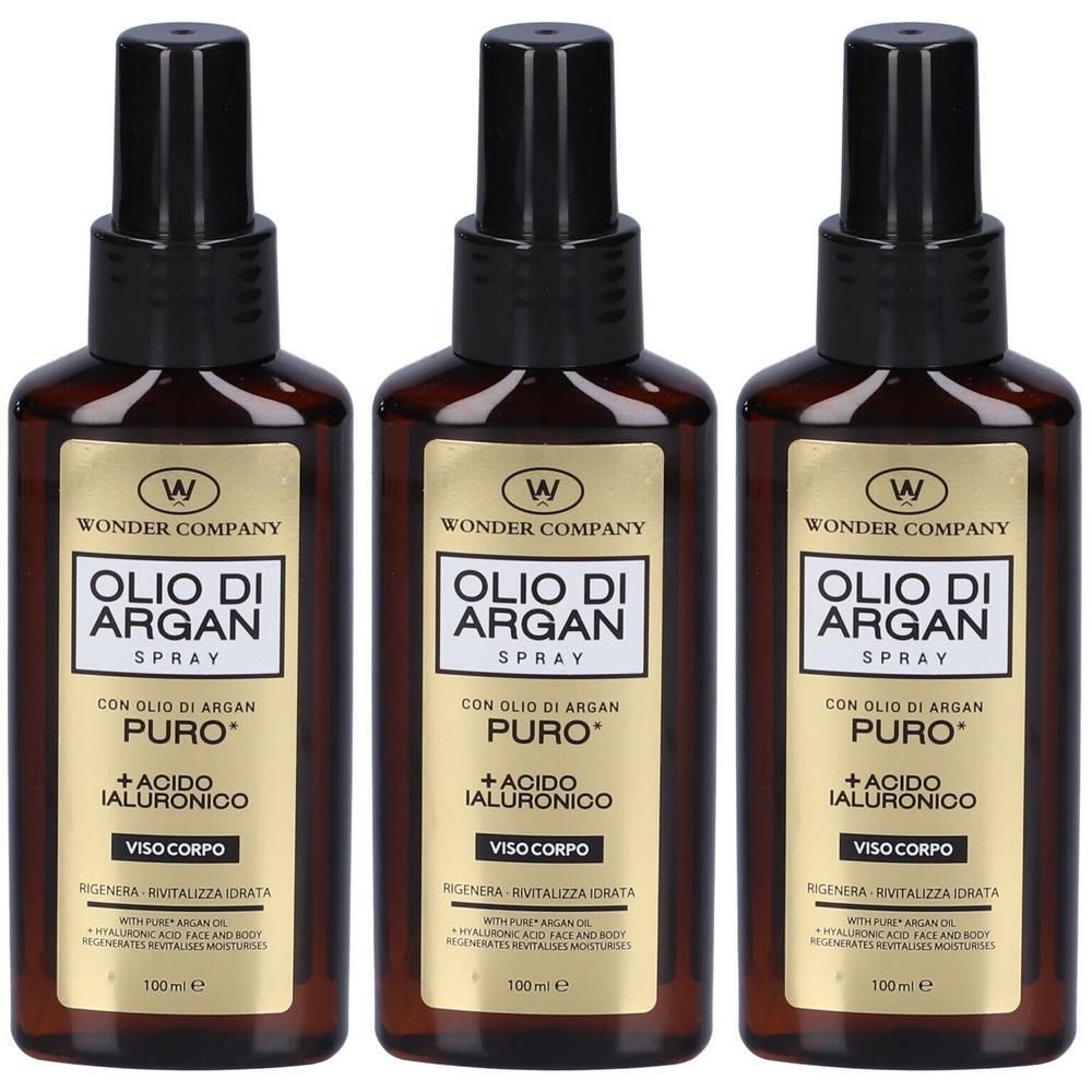 Tre flaconi di spray Wonder Olio D'Argan con erogatore. Flaconi in vetro ambrato con etichetta dorata.