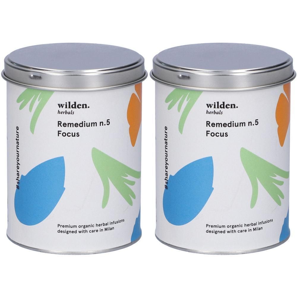 Due lattine Wilden Herbals Remedium n.5 Focus con infusi biologici.