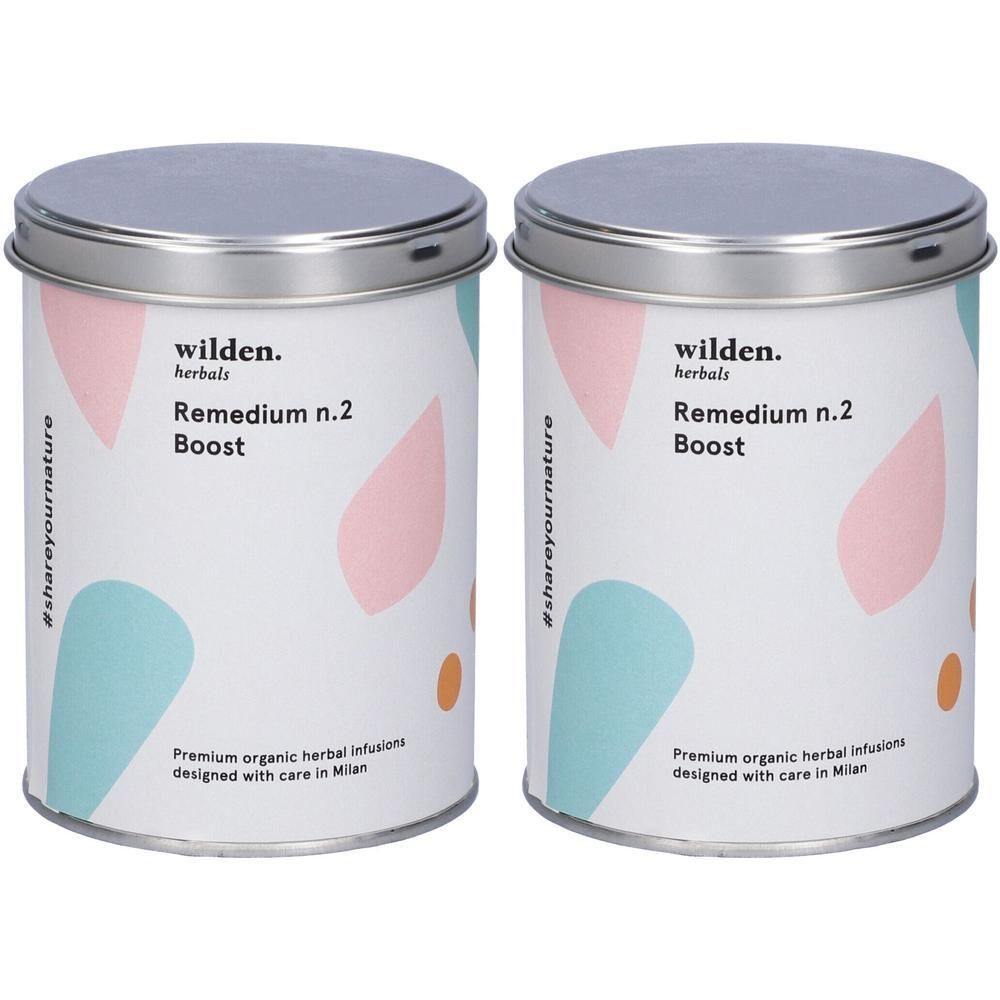 Due lattine Wilden Herbals Remedium n.2 Boost, infusi biologici premium.