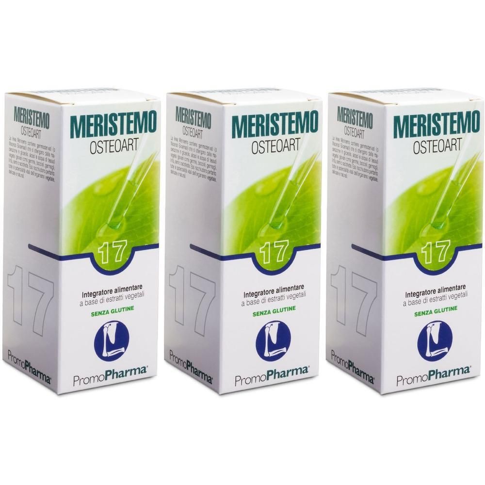 Tre scatole Meristemo Osteoart con illustrazione di mela verde e contagocce.