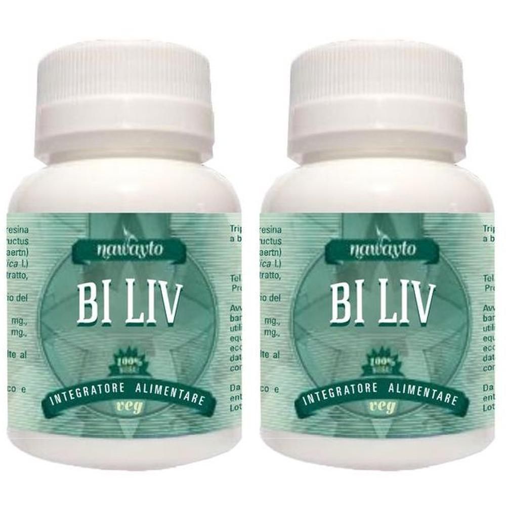 Due contenitori bianchi di integratori alimentari, etichette con la scritta "BI LIV".