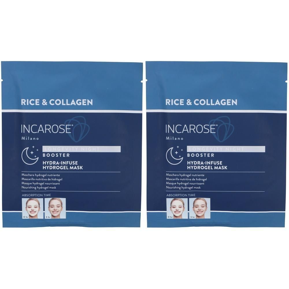 Due maschere hydrogel Incarose Longevity Booster Riso & Collagene.
