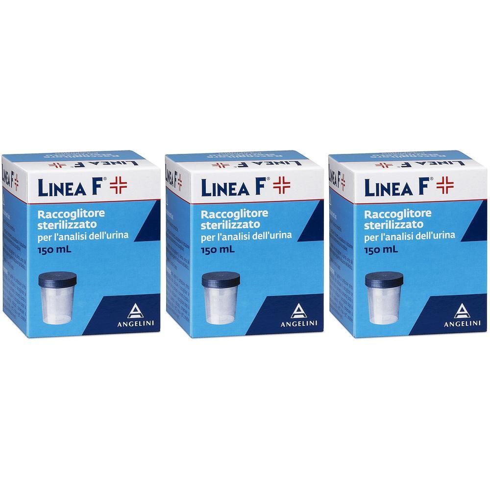 Tre confezioni di contenitori Linea F per analisi delle urine.