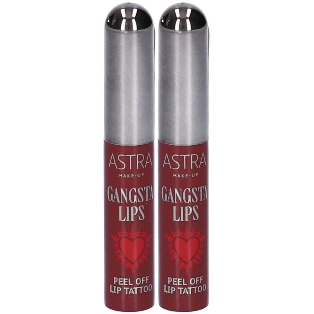Due flaconi Astra Make-Up Gangsta Lips Peel Off Lip Tattoo rossi.