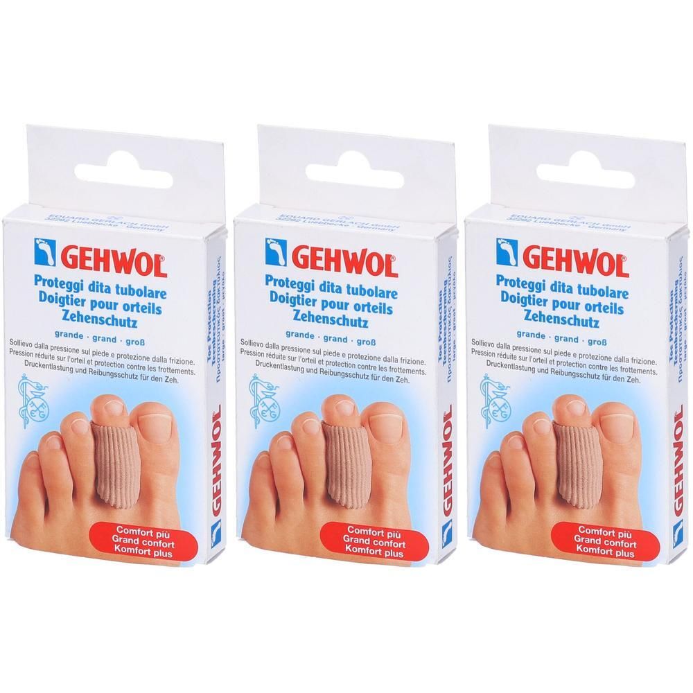 Tre confezioni di tubi protettivi per dita Gehwol. Beige, in tessuto.