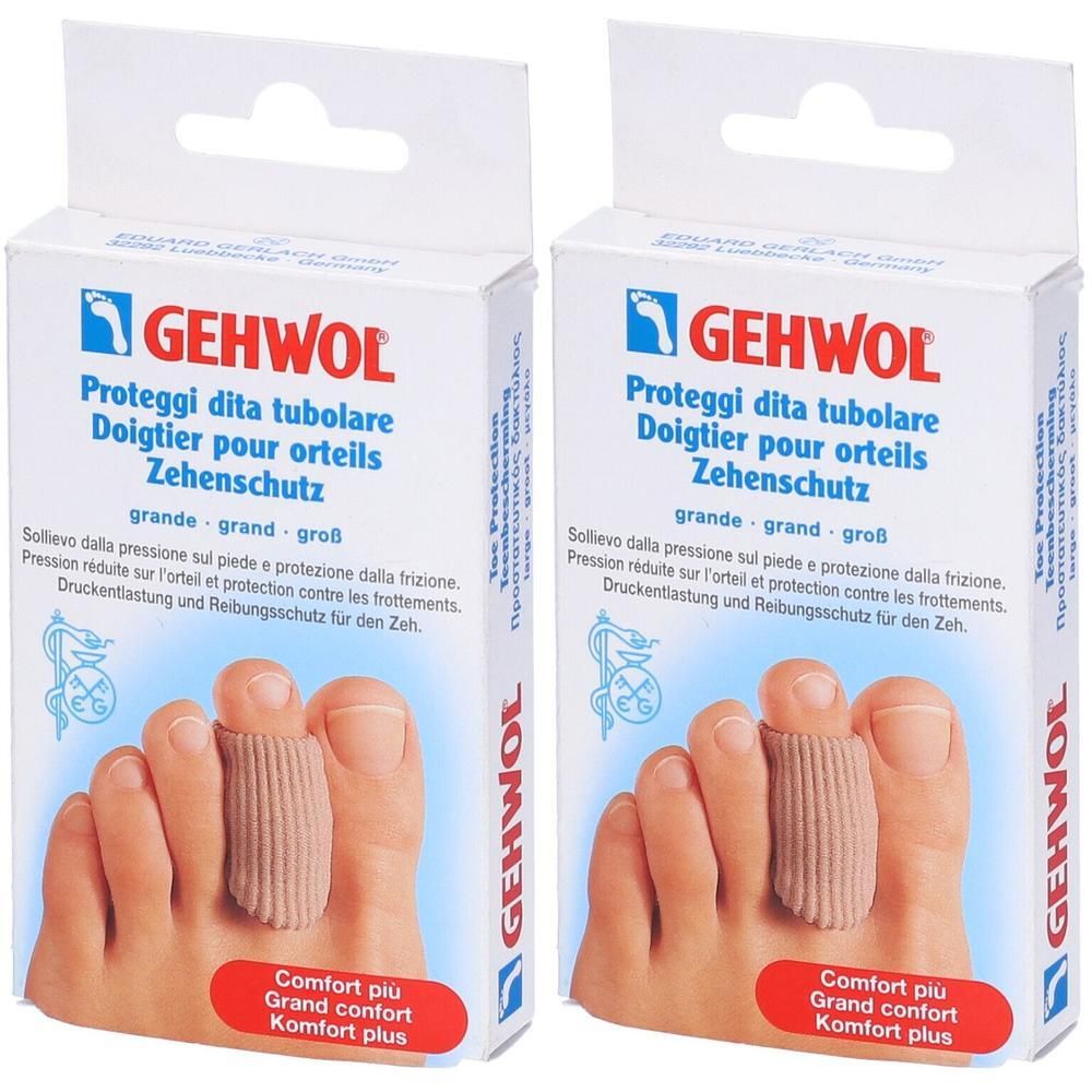 Due confezioni di protezioni tubolari per dita Gehwol. Materiale beige simile al tessuto.
