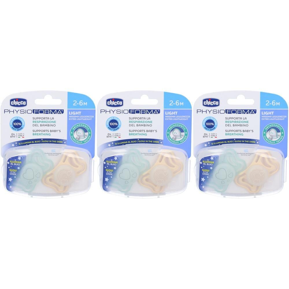 Tre confezioni di ciucci Chicco Physioforma Light in silicone per neonati da 2-6 mesi.