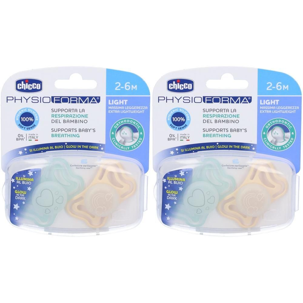 Due succhietti Chicco Physioforma Light, 2-6 mesi, che si illuminano al buio.