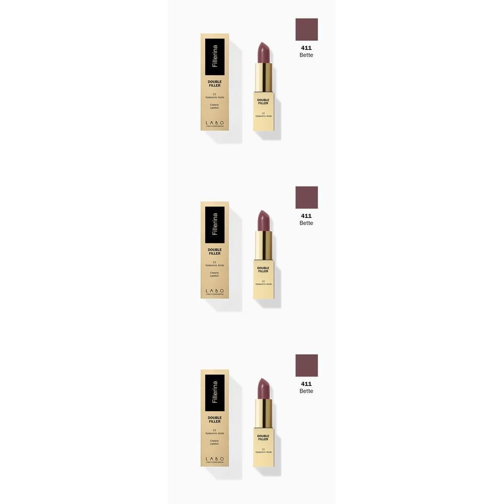 Tubo rossetto dorato con rossetto marrone, accanto a una scatola di cartone e a un campione di colore.