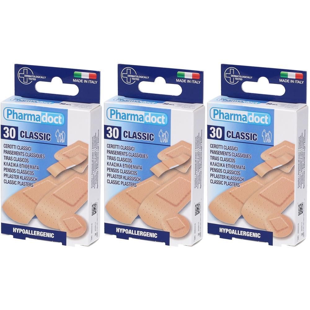 Tre confezioni di cerotti Pharmadoct Classic, 30 pezzi per confezione. Ipoallergenici.