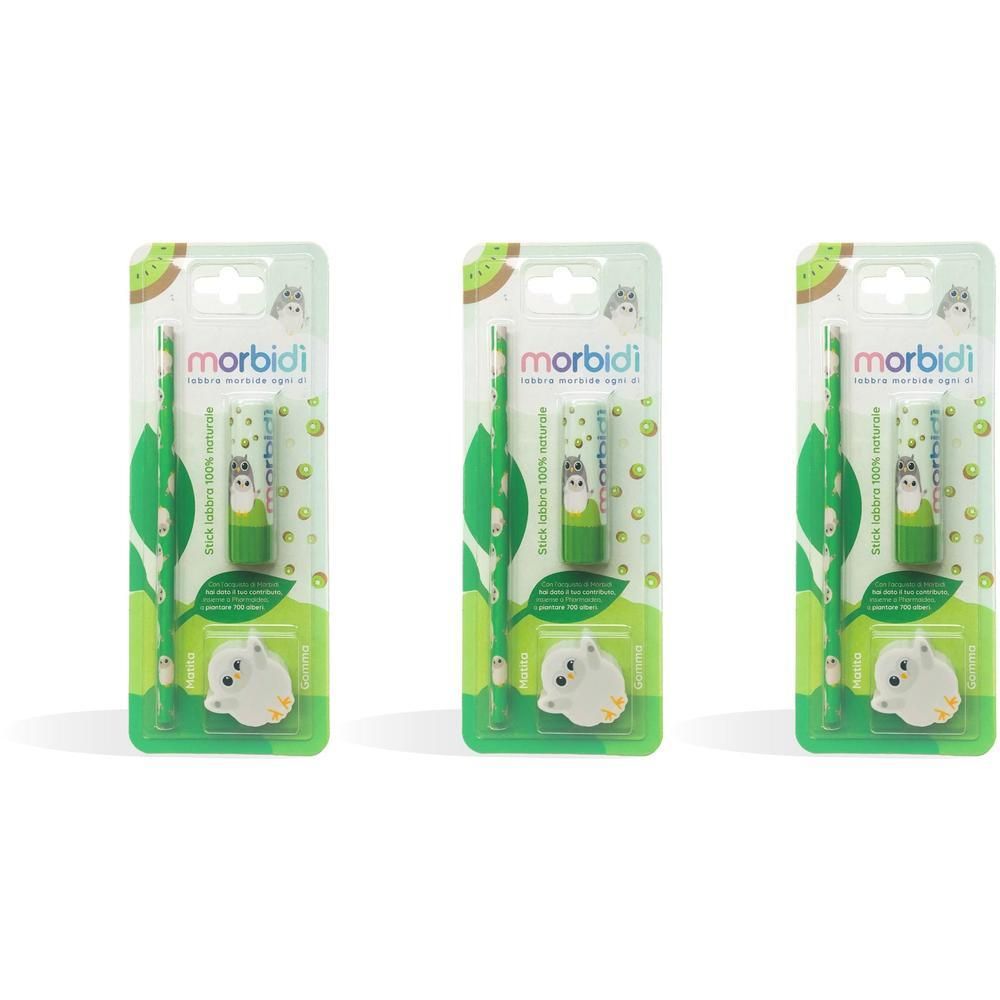 Tre confezioni di Morbidi stick labbra con motivo kiwi e design gufo.