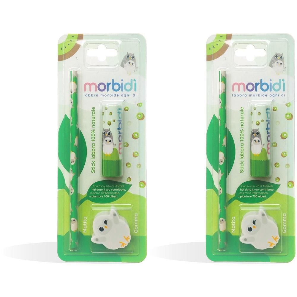 Due confezioni di Morbì Stick Labbra con motivo kiwi e design gufo.
