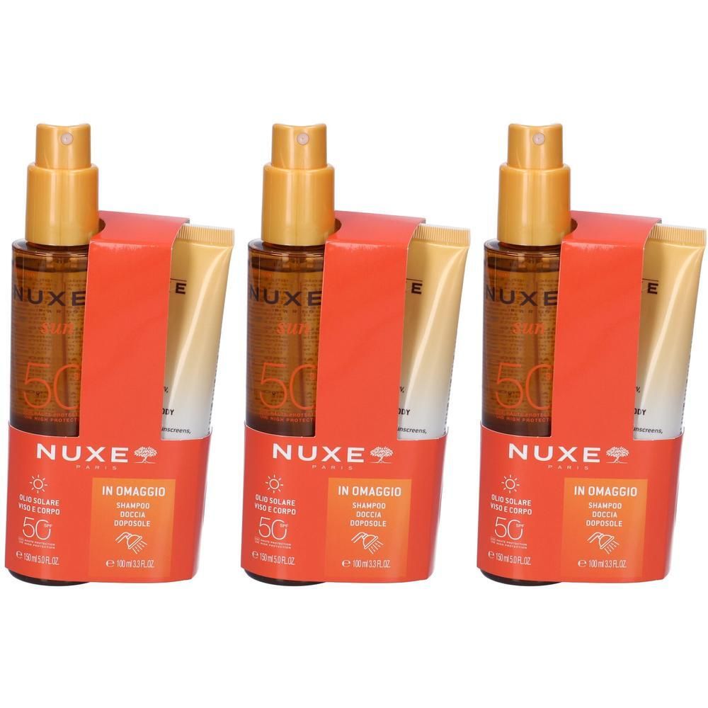 Nuxe Olio Solare SPF 50 e Shampoo Doccia Doposole in confezione. Tre pezzi.