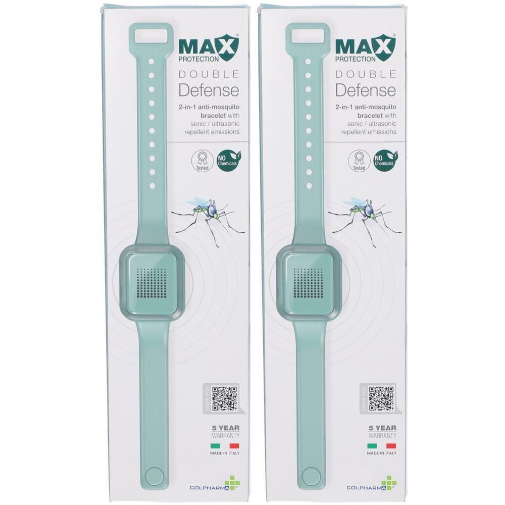 Due braccialetti antizanzare verde acqua con griglia quadrata di ventilazione e cinturino regolabile. Confezionati.