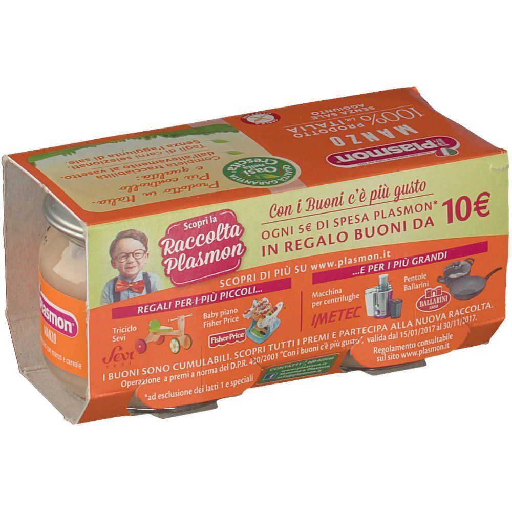 Biberon di omogeneizzato Plasmon in vetro con confezione in cartone arancione promozionale.
