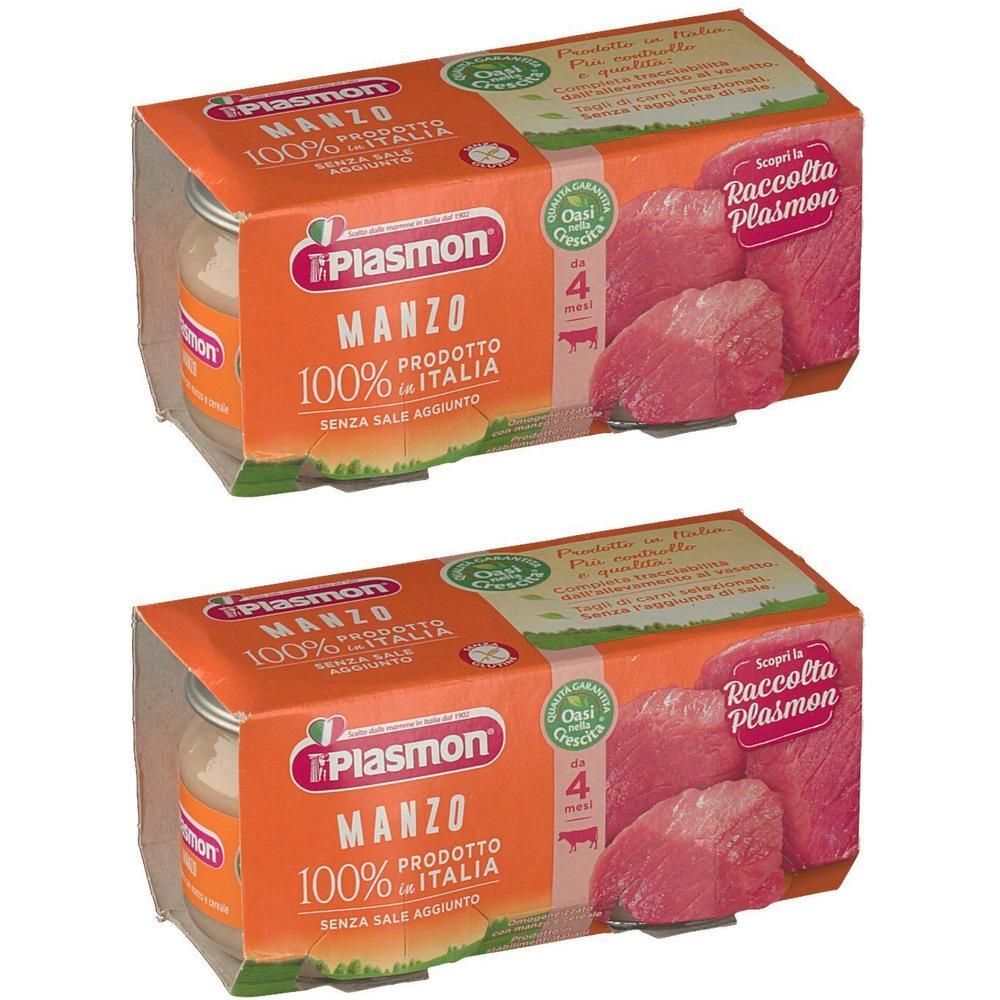 Due confezioni di omogeneizzato di manzo Plasmon, 100% prodotto in Italia, senza sale aggiunto.