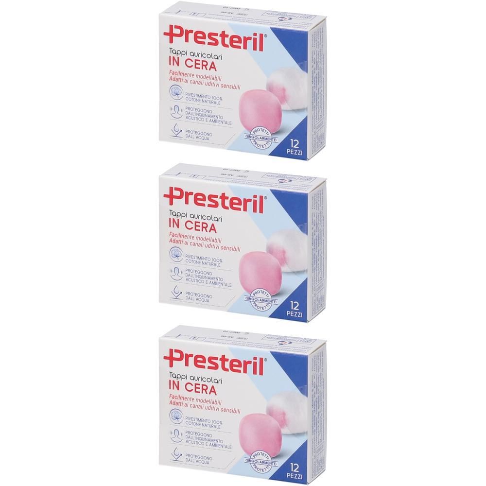 Tre confezioni di tappi auricolari in cera Presteril, 12 pezzi per confezione.