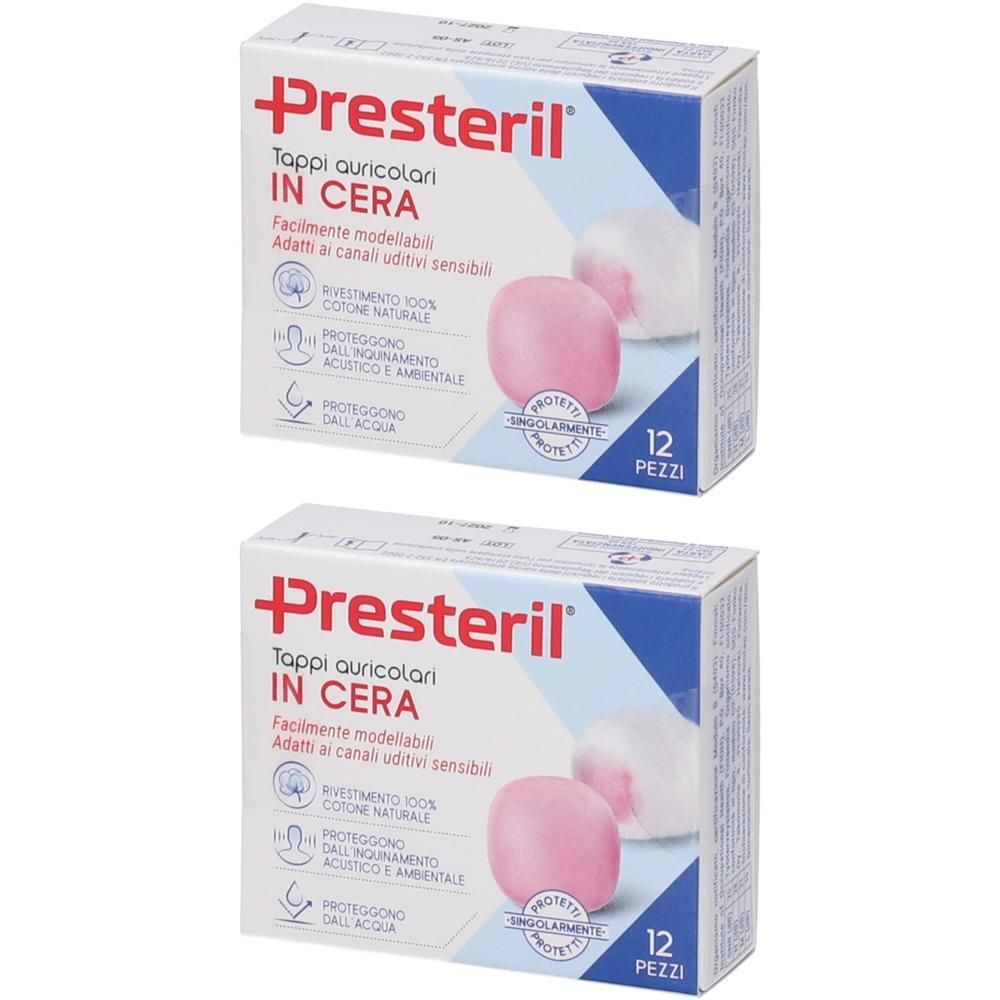 Due confezioni di tappi auricolari in cera Presteril, 12 pezzi per confezione. Tappi rosa e bianchi visibili.