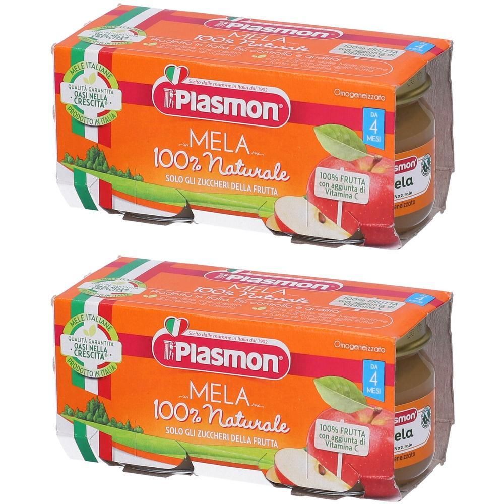 Due confezioni di omogeneizzato di mela Plasmon per neonati, 100% naturale, con Vitamina C.