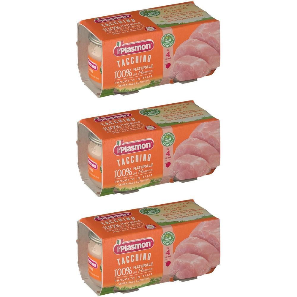 Tre confezioni di omogeneizzato Plasmon "Tacchino", ciascuna con quattro vasetti.