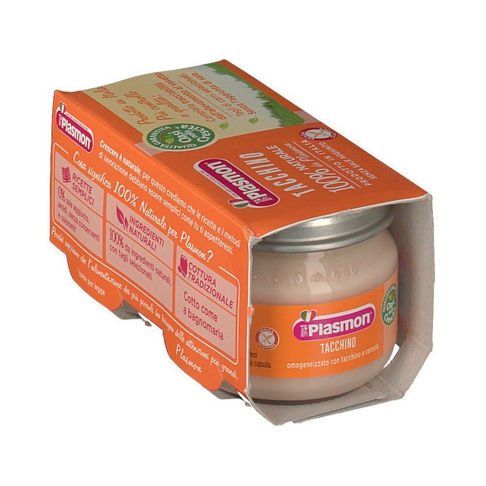 Omogeneizzato Plasmon Tacchino in vasetto, 100% naturale, in confezione arancione.