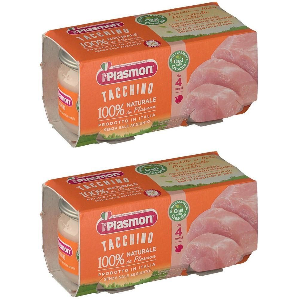 Due confezioni di Plasmon Tacchino, 100% naturale, prodotto in Italia, senza sale.