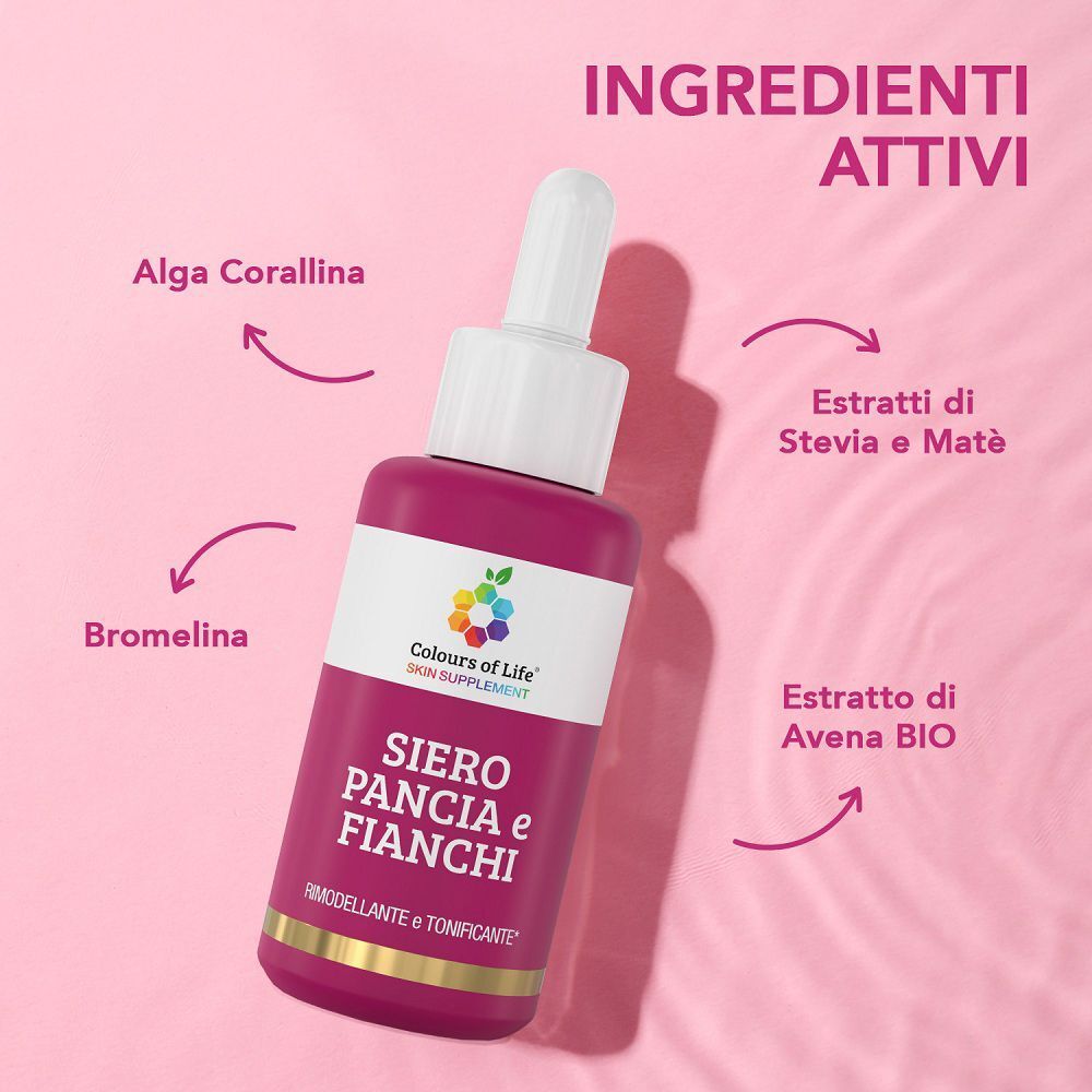 Flacone del prodotto Colours Of Life Siero Pancia e Fianchi con gli ingredienti evidenziati.