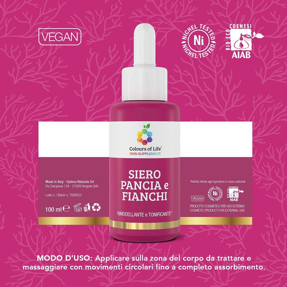 Flacone del prodotto Colours Of Life Siero Pancia e Fianchi con sigilli e indicazione di 100 ml.