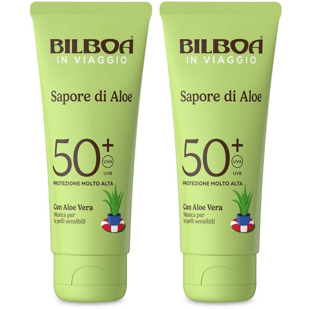Due tubetti verdi di crema solare SPF 50+ con aloe vera. Marca: Bilboa.