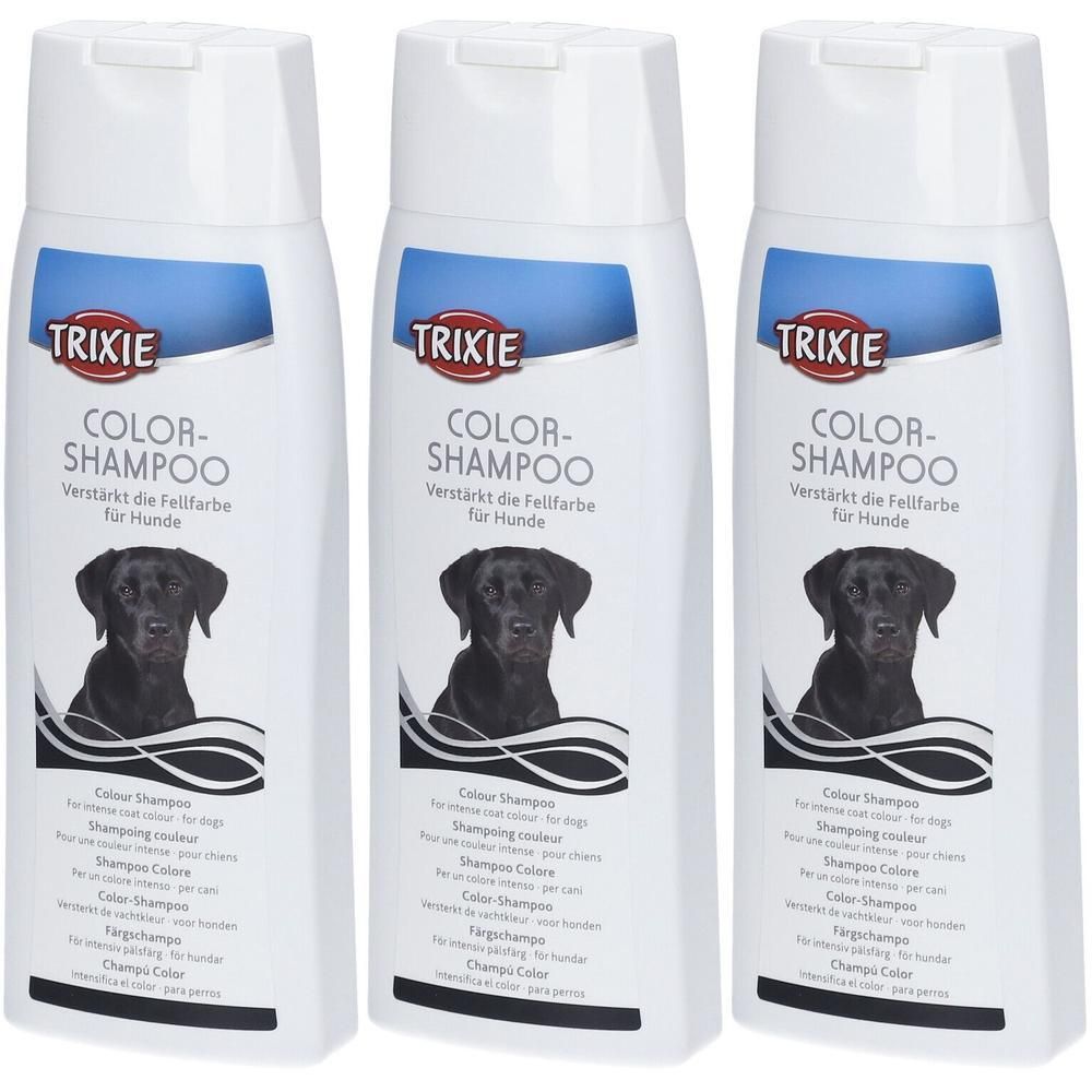 Tre flaconi di shampoo colorato Trixie per cani.
