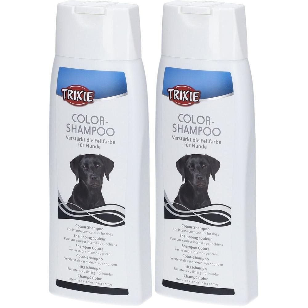 Due flaconi di shampoo colorato Trixie per cani in contenitori bianchi con illustrazioni di cani neri.