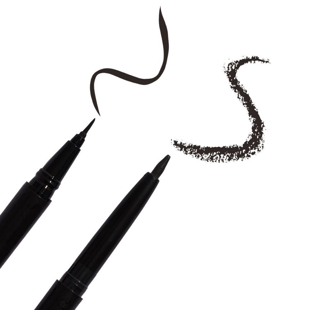 Due eyeliner neri con linee curve e una linea a forma di S su sfondo bianco.