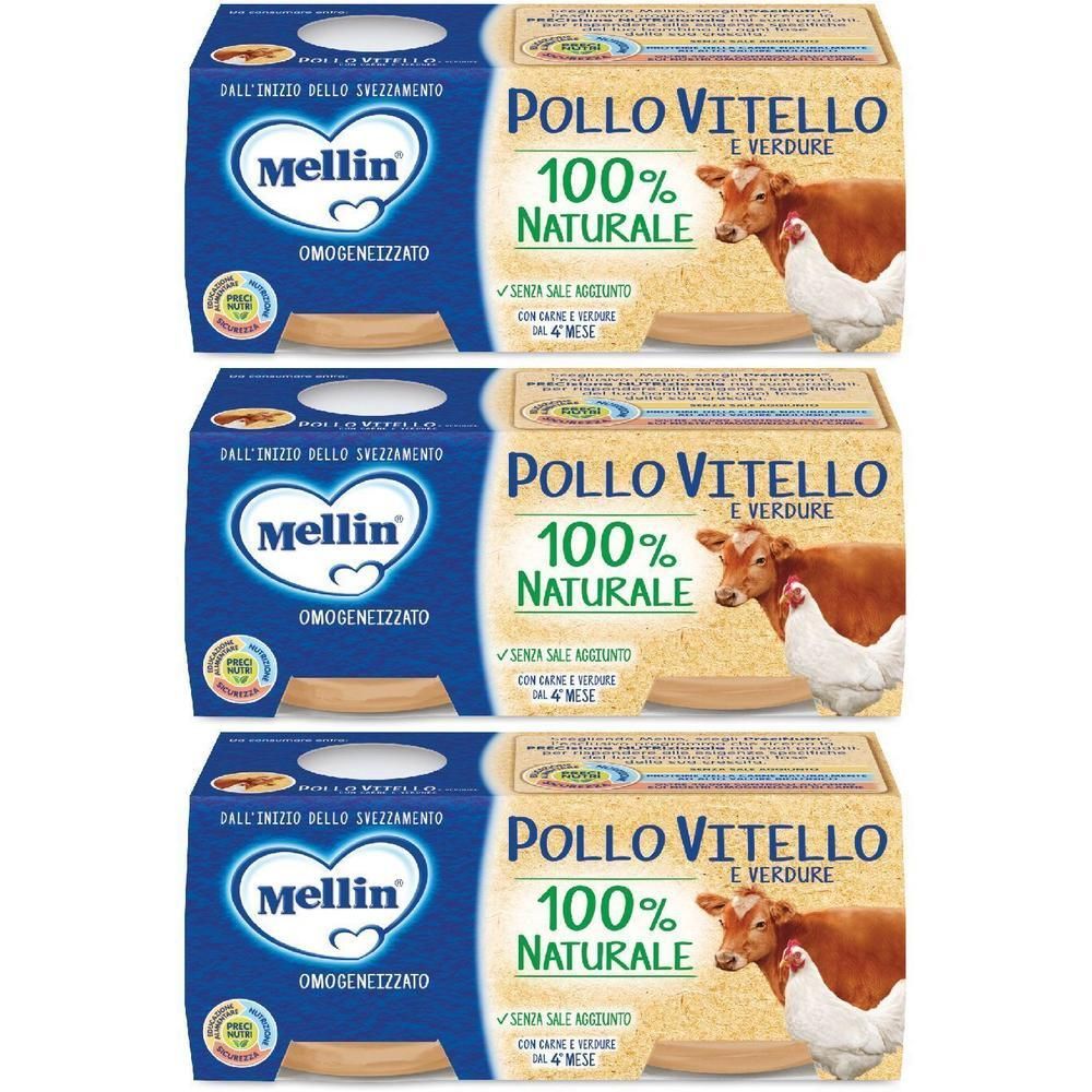 Tre confezioni di omogeneizzato Mellin pollo, vitello e verdure, 100% naturale.