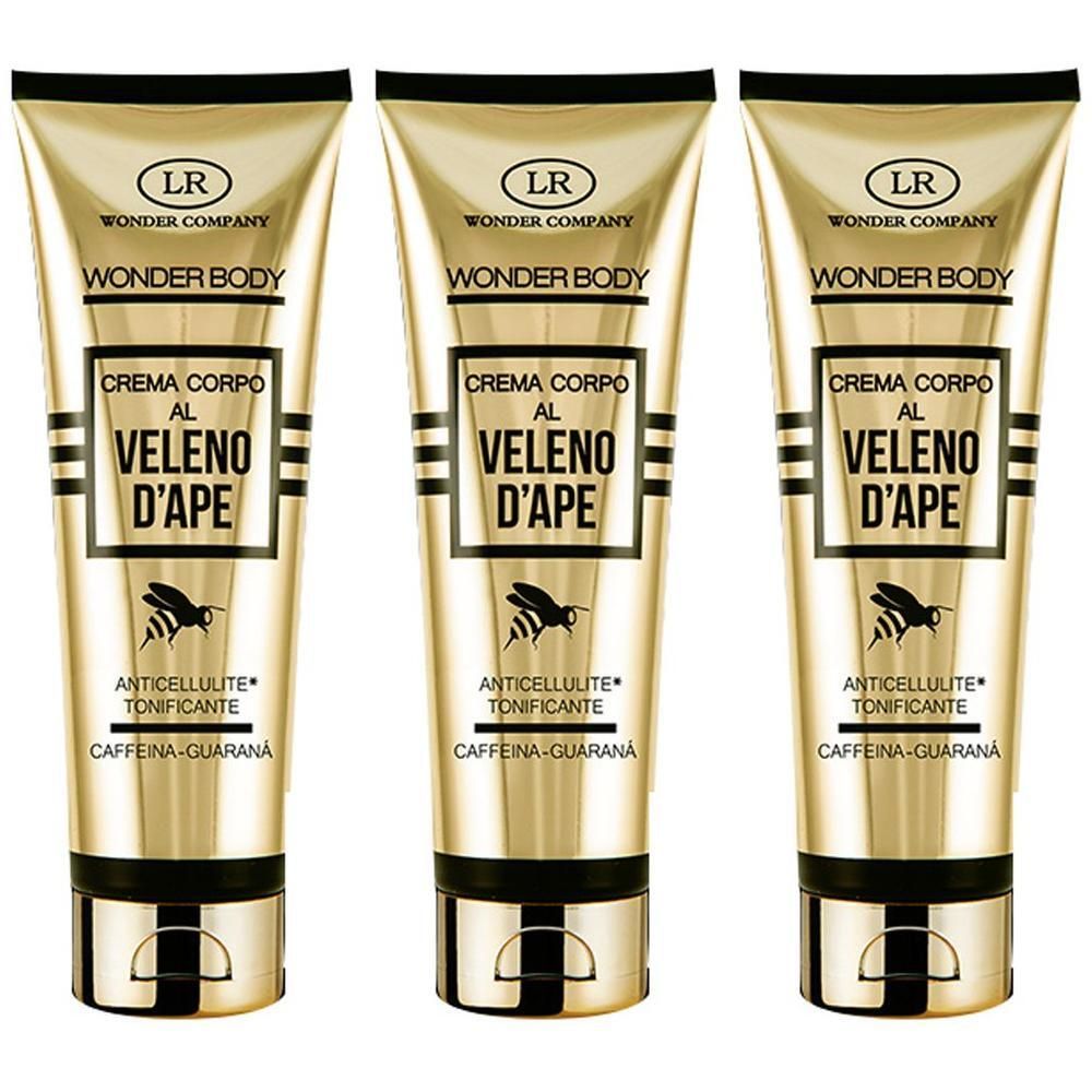 Tre tubetti dorati Wonder Body Crema con motivo a ape e testo. Visibili "Veleno d'Ape" e "Anticellulite Tonificante".
