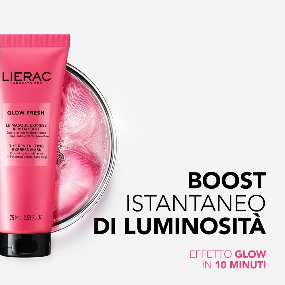 Un tubo rosa Lierac Glow Fresh Maschera accanto a una capsula di Petri con liquido rosa e design a petali.