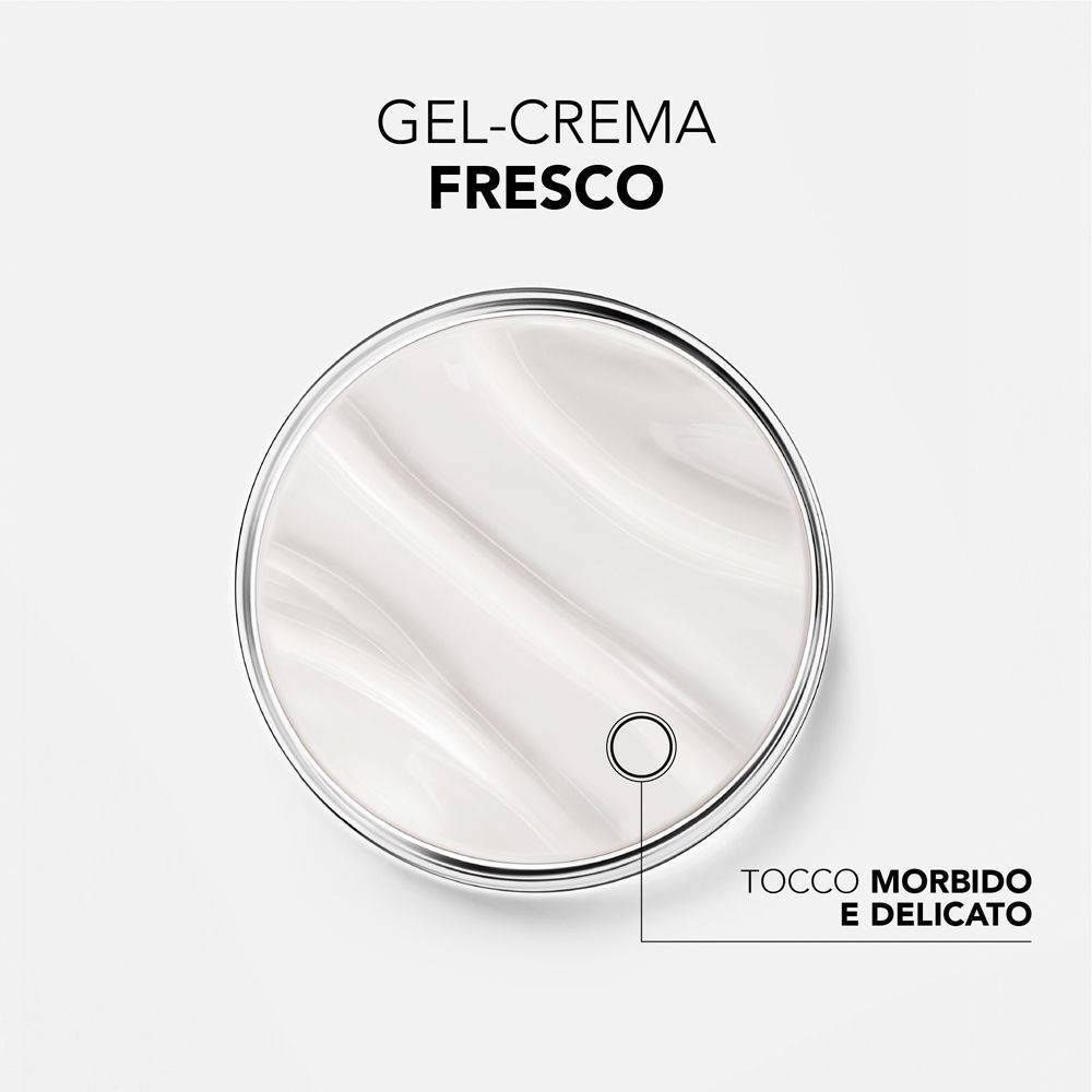 Capsula di Petri con texture fresca gel-crema e testo che descrive un tocco morbido e delicato.