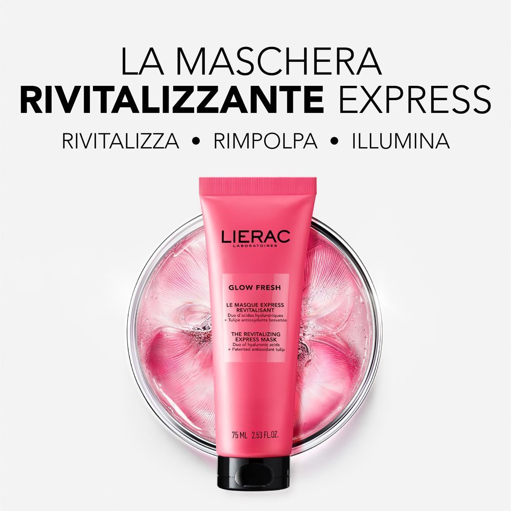 Tubo rosa Lierac Glow Fresh Maschera in una capsula di Petri con liquido rosa. Testo: La Maschera Rivitalizzante Express.