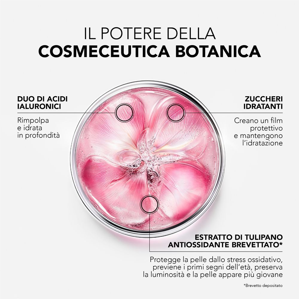 Capsula di Petri con petali rosa e testo sugli ingredienti: Acido ialuronico, Zuccheri, Estratto di tulipano.