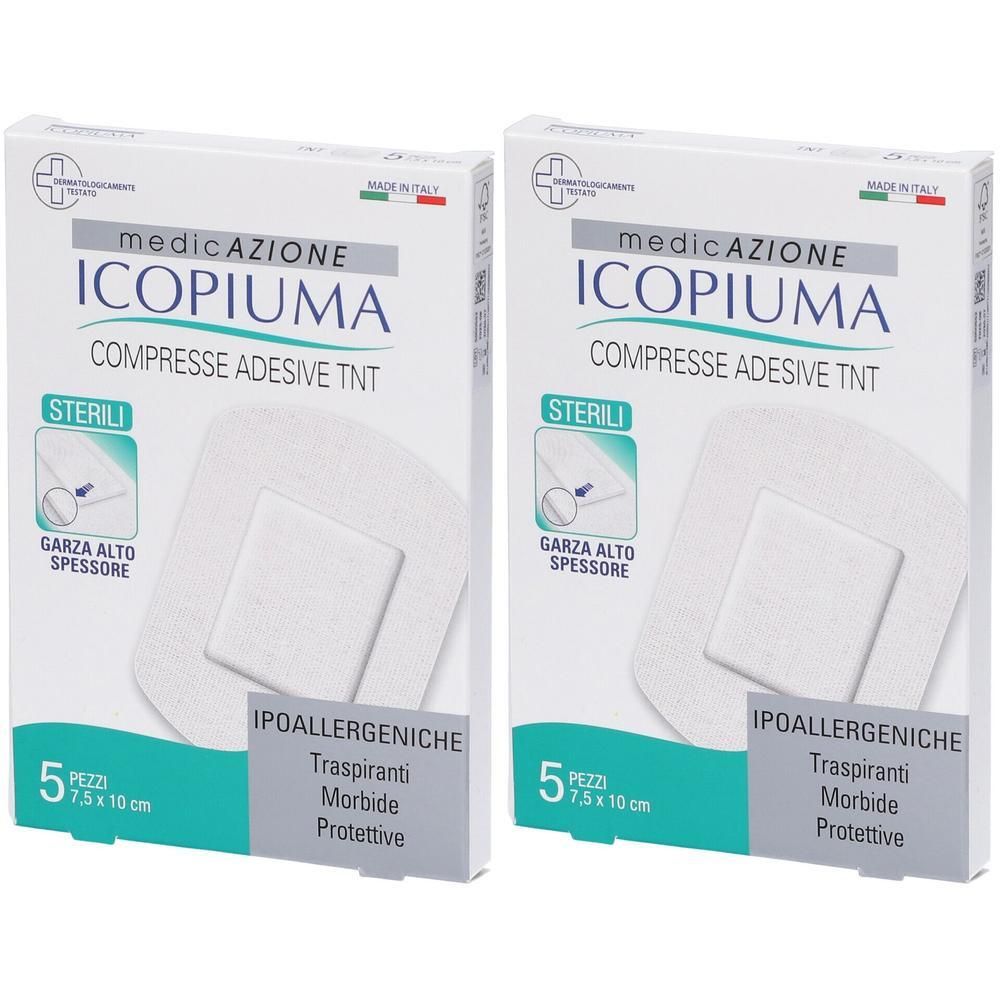 Due confezioni di garze adesive Icopiuma, 5 pezzi da 7,5x10 cm. Sterili, ipoallergeniche, traspiranti, morbide e protettive.
