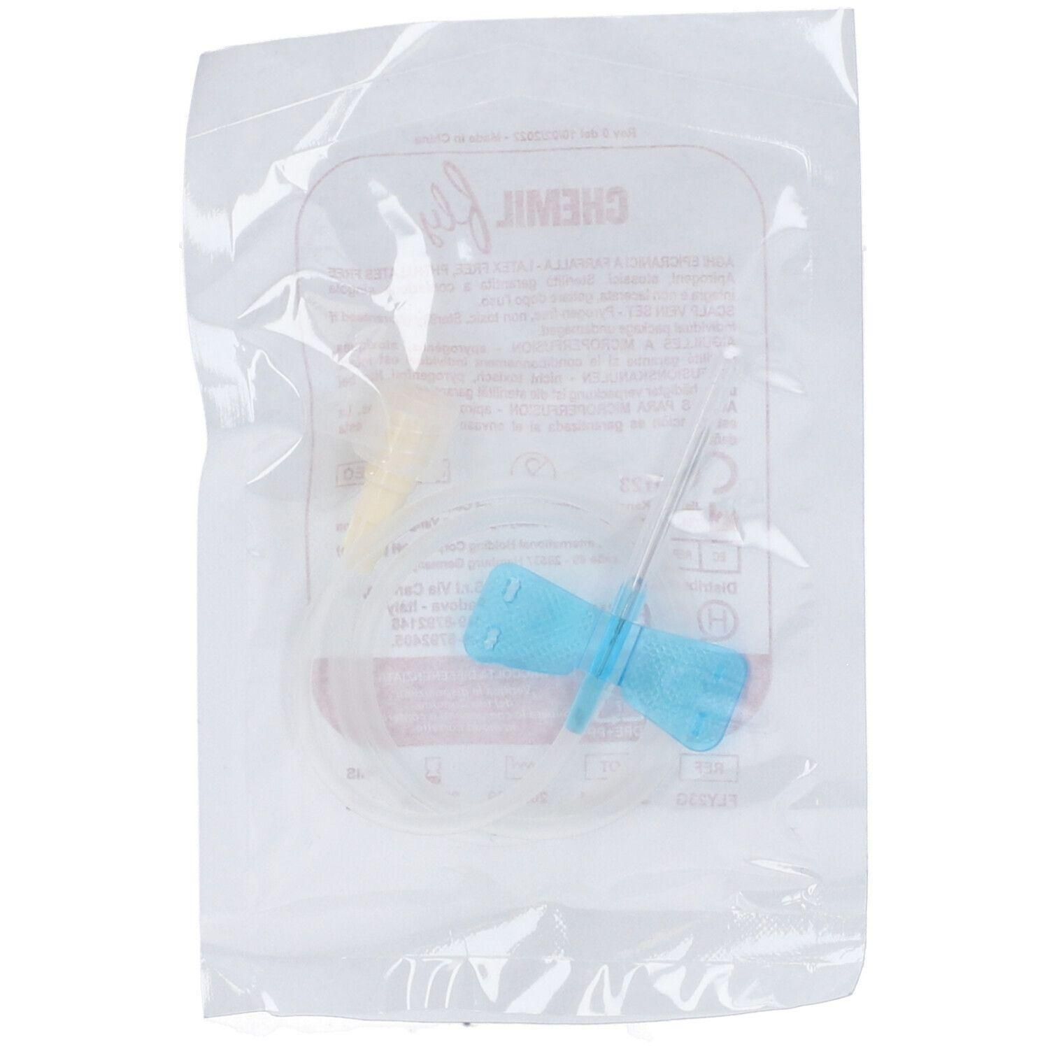 Cannula venosa sterile con alette blu e connettore Luer giallo, confezione trasparente.