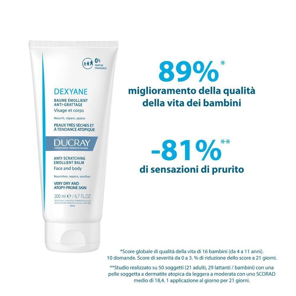 Tubo balsamo Ducray Dexyane con risultati: 89% miglioramento qualità vita, 81% meno prurito.