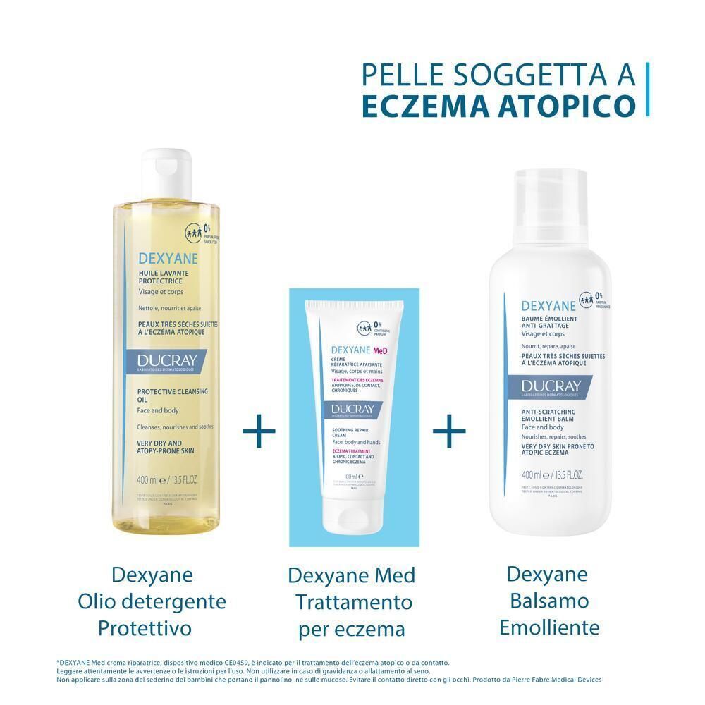 Set prodotti Ducray Dexyane: olio lavante, trattamento Med e balsamo per eczema atopico.
