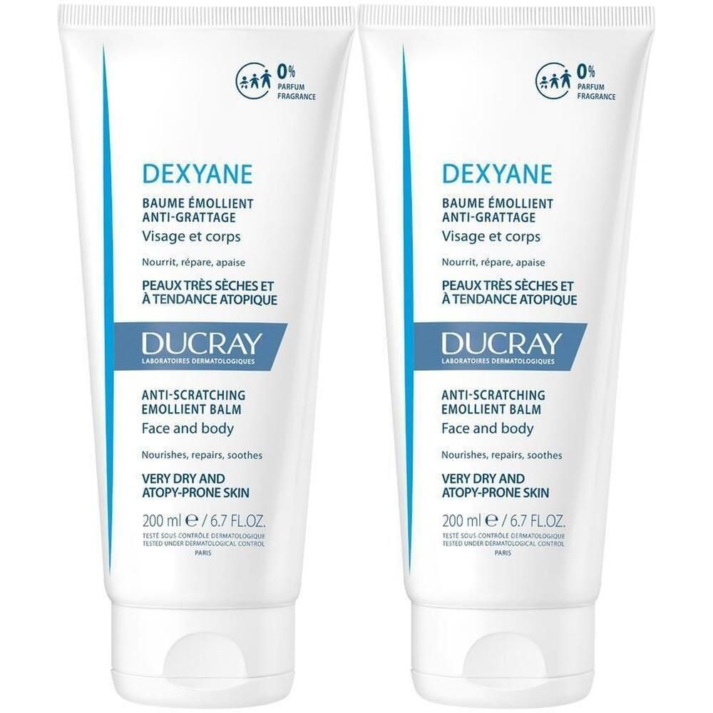 Due tubi di balsamo Dexyane Ducray, balsamo emolliente anti-prurito per viso e corpo.
