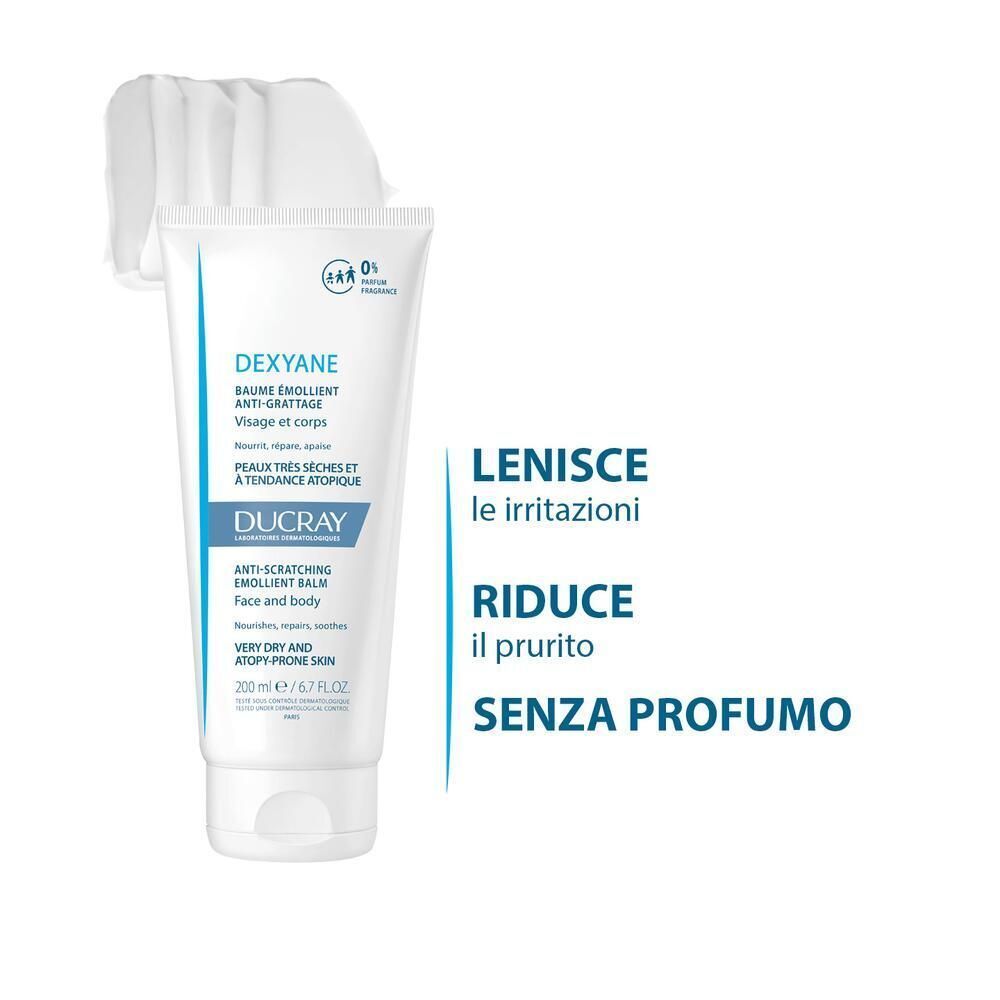 Tubo di balsamo Dexyane Ducray con campione di texture e indicazioni: lenisce le irritazioni, riduce il prurito.