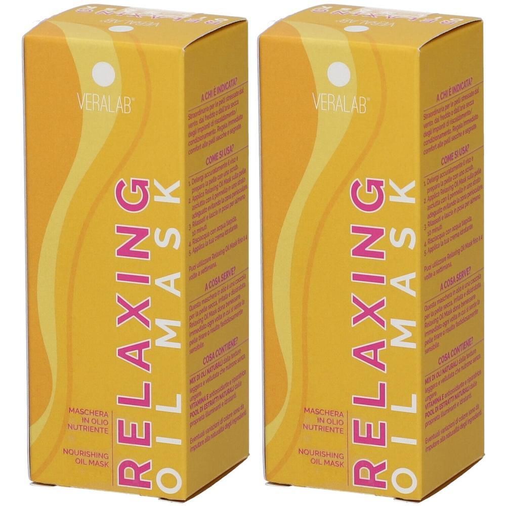Due scatole di Veralab Relaxing Oil Mask, gialle con motivo a onde.