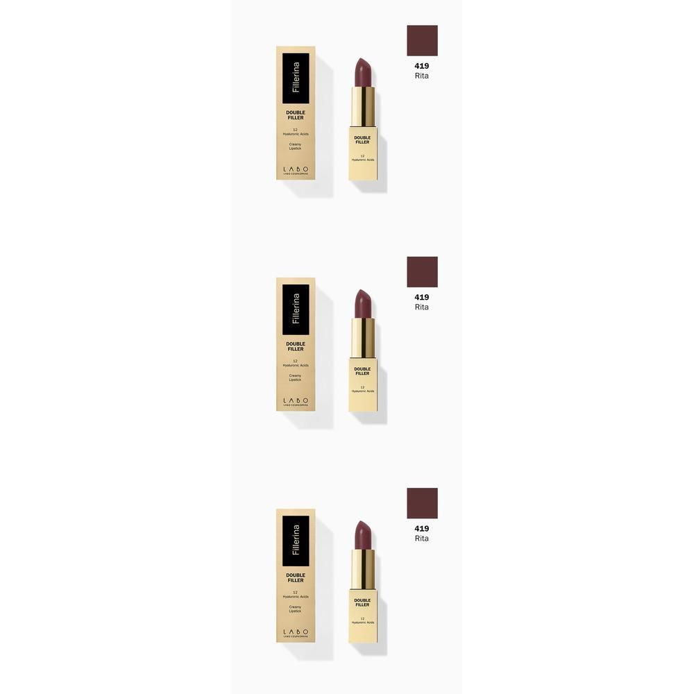 Tubo rossetto dorato con rossetto rosso scuro, accanto alla sua confezione e a un campione di colore.