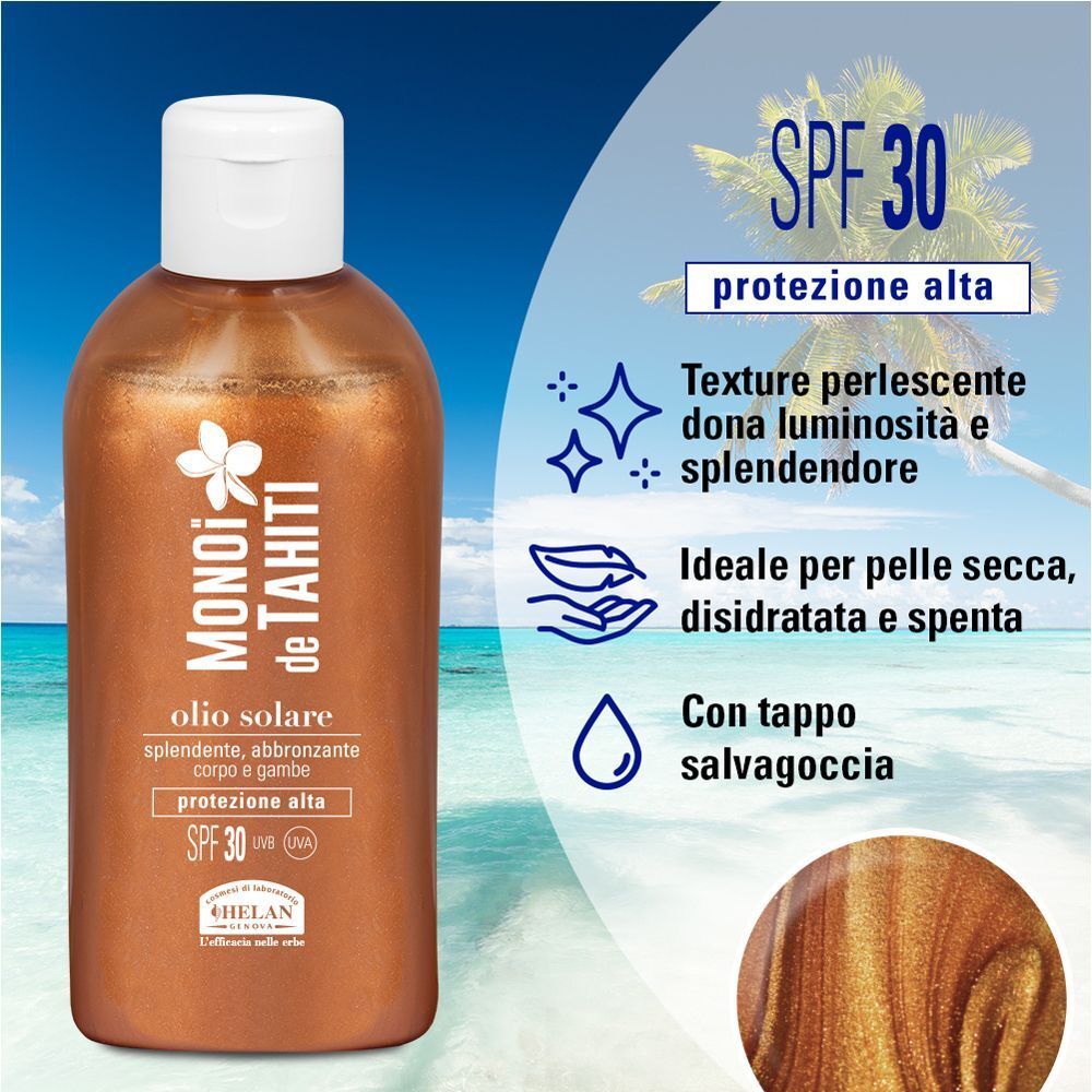 Flacone di Helan Monoi Tahiti Olio Solare SPF 30 con sfondo mare e spiaggia.